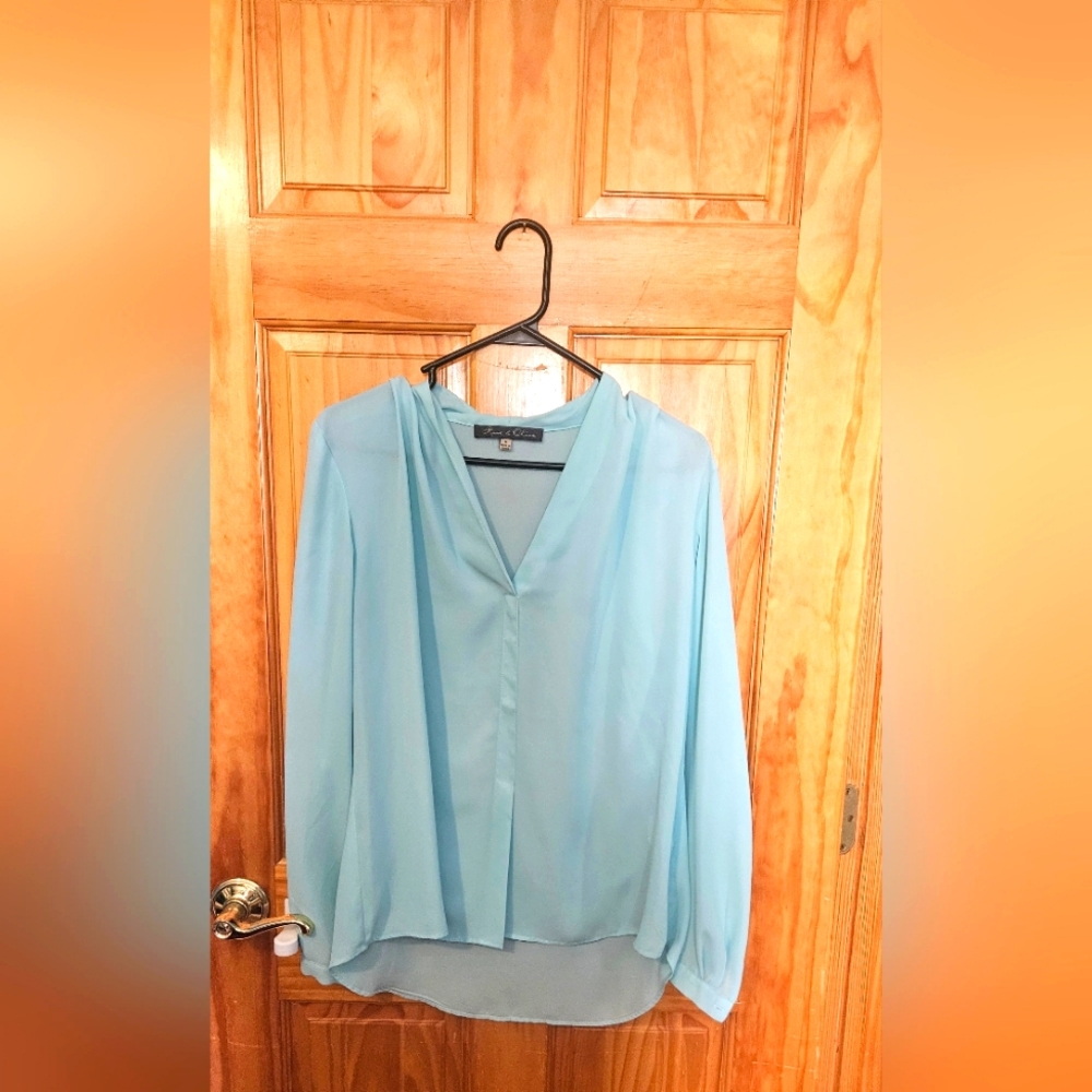 sheer light blue button down
